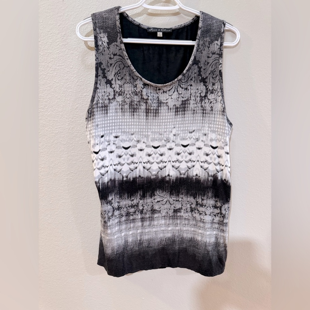 Rose & Olive Sleeveless Tunic with cross back over black sheer; size XL